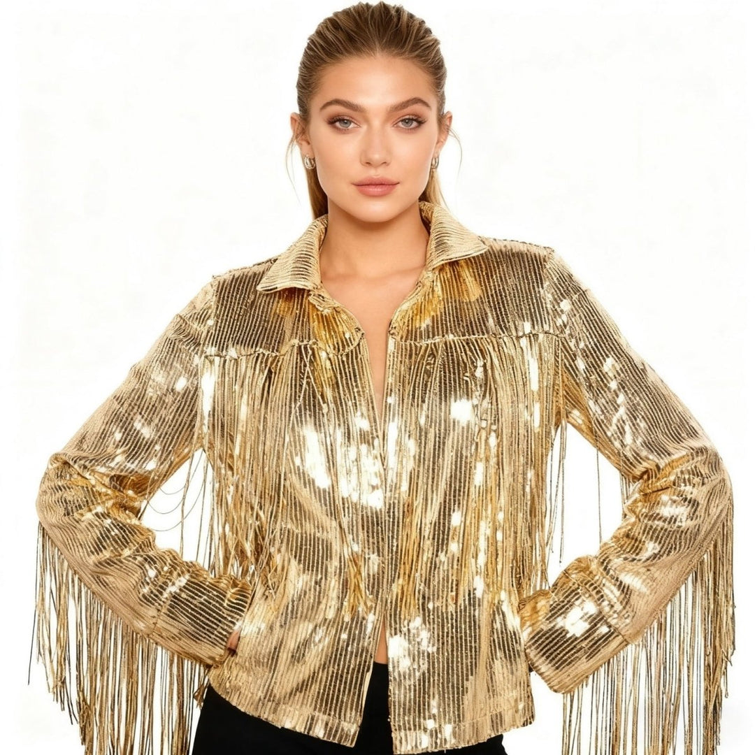Fringe Sequin Top Gold Statement Party Festival Elegant Style