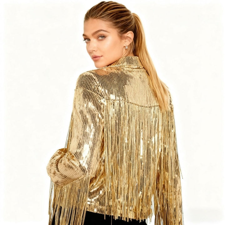 Fringe Sequin Top Gold Statement Party Festival Elegant Style
