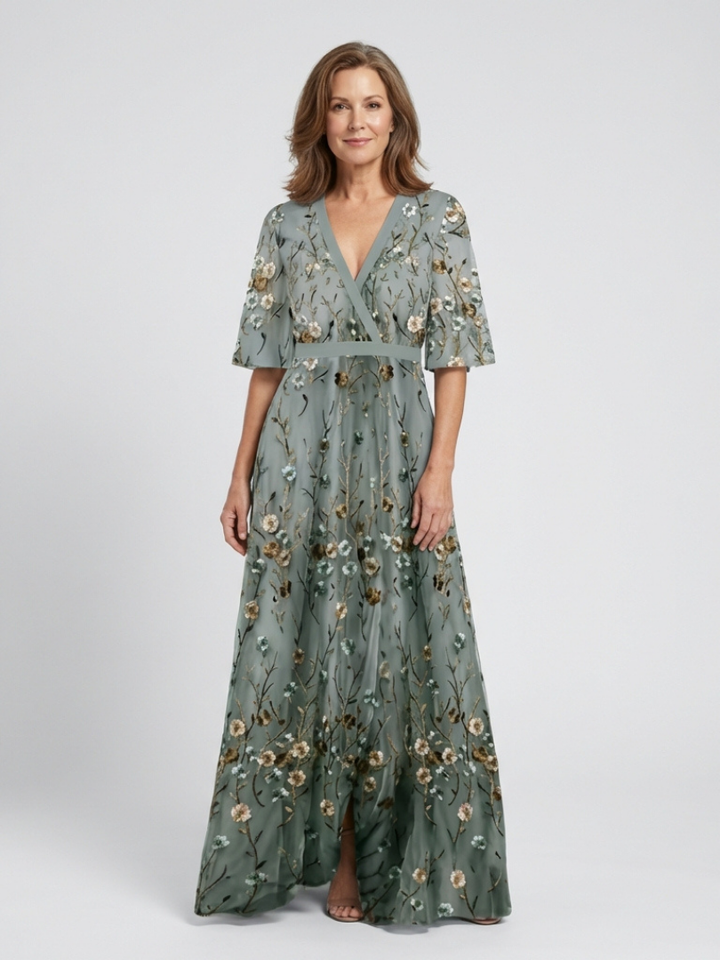 V Neck Midi Dress Floral Pattern Elegant Feminine Style