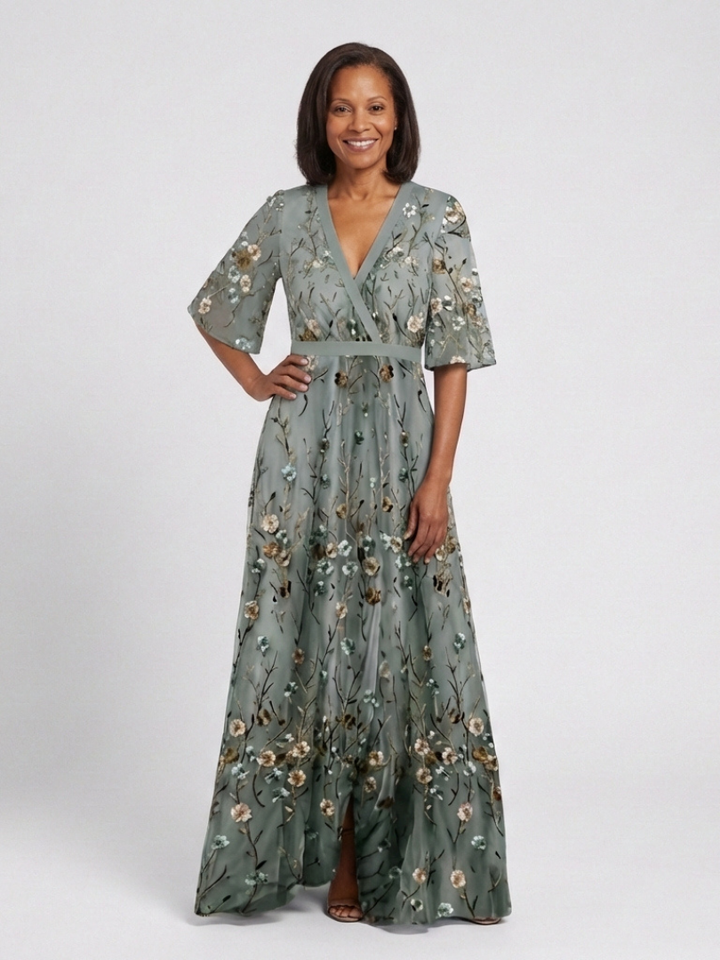 V Neck Midi Dress Floral Pattern Elegant Feminine Style