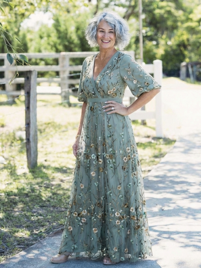 V Neck Midi Dress Floral Pattern Elegant Feminine Style