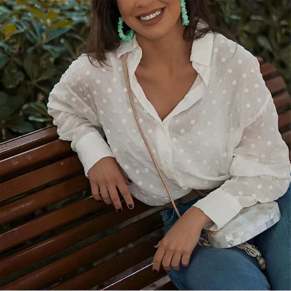 Blouse Button Up Long Sleeve Polka Dot Relaxed Fit Casual Style