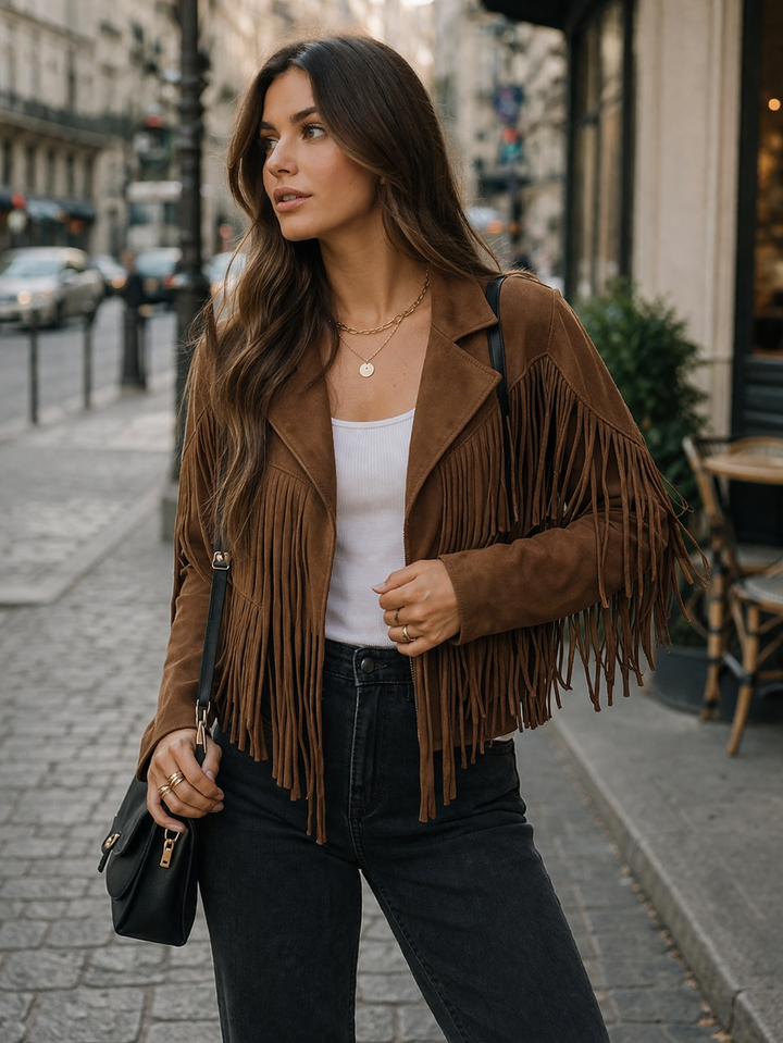 Women's Suede Fringe Jacket with Open Front and Relaxed Fit
