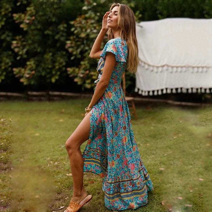 Maxi Dress Boho Wrap Design High Slit Flowing Fit