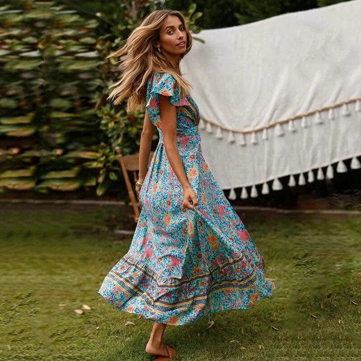 Maxi Dress Boho Wrap Design High Slit Flowing Fit
