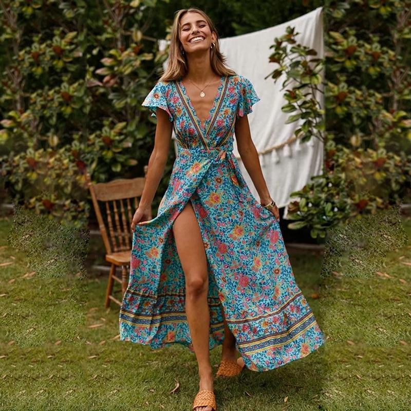 Maxi Dress Boho Wrap Design High Slit Flowing Fit