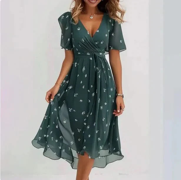 Midi Dress Fluid Silhouette V Neck Elegant Feminine Style