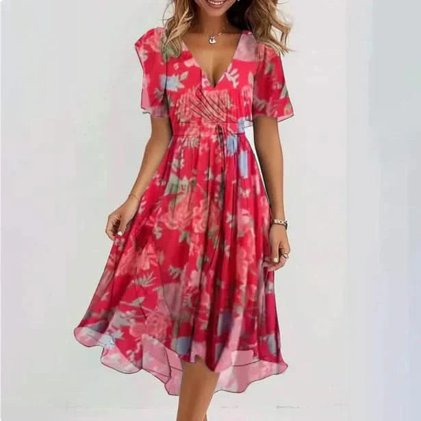 Midi Dress Fluid Silhouette V Neck Elegant Feminine Style