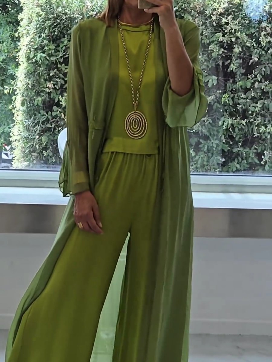 Three Piece Set Longline Cardigan Wide Leg Trousers Elegant Comfort Style