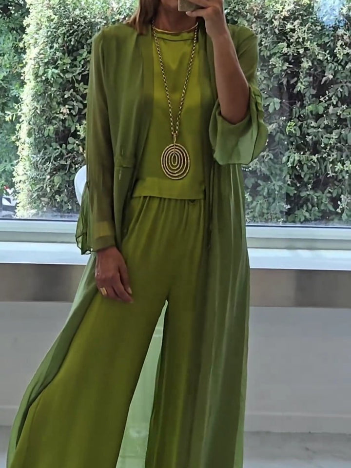 Three Piece Set Longline Cardigan Wide Leg Trousers Elegant Comfort Style