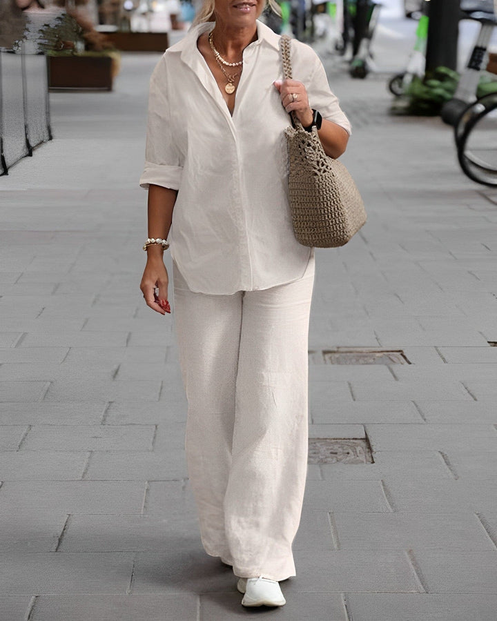 Two Piece Set Button Shirt Wide Leg Trousers Relaxed Elegant Style