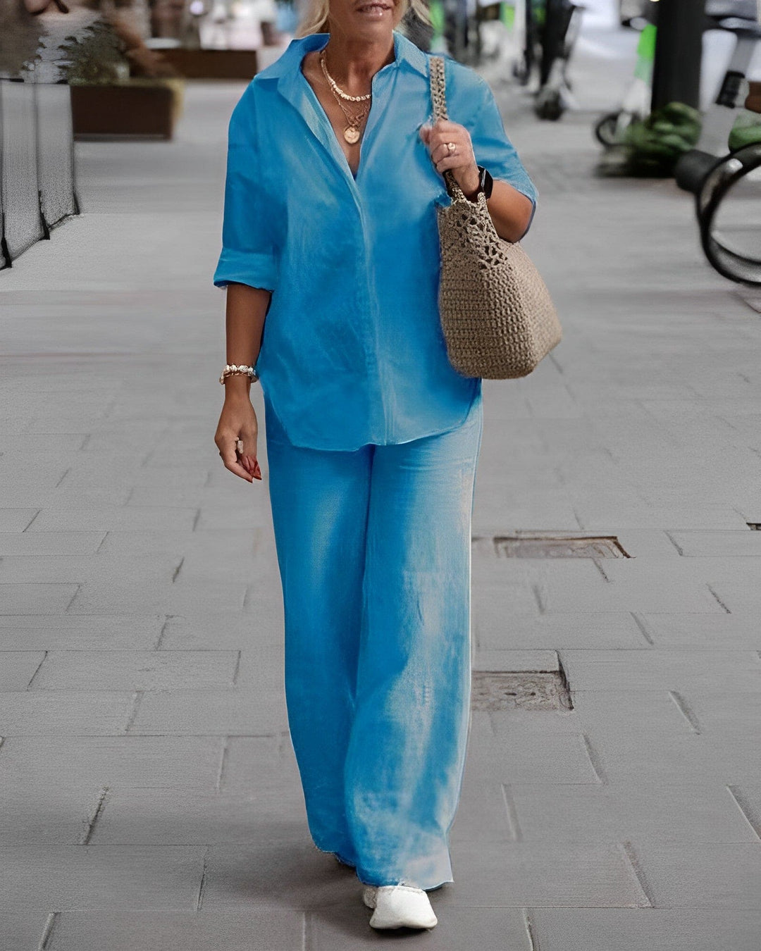 Two Piece Set Button Shirt Wide Leg Trousers Relaxed Elegant Style