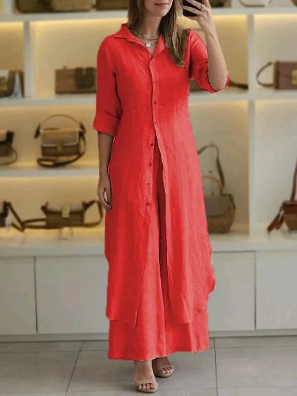 Two Piece Set Button Front Top Maxi Skirt Relaxed Elegant Style