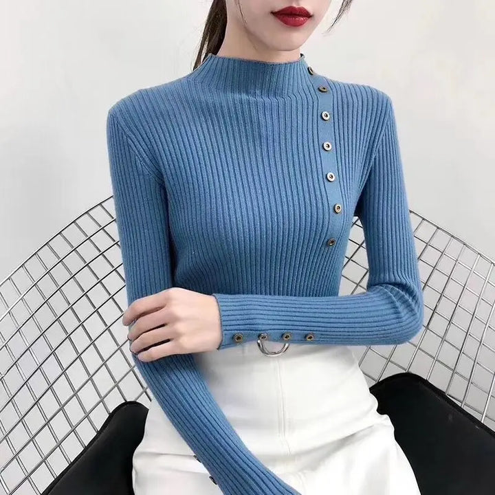 Womens Ribbed Turtleneck Jumper with Button Sleeve Detail and Fitted Silhouette