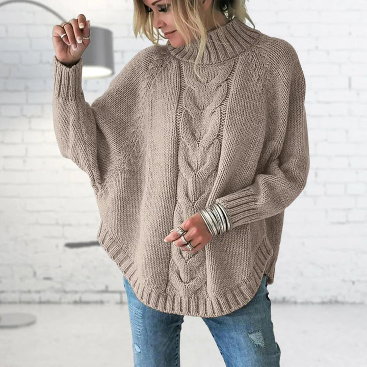 Womens Cable Knit Turtleneck Jumper with Relaxed Fit and Ribbed Detail