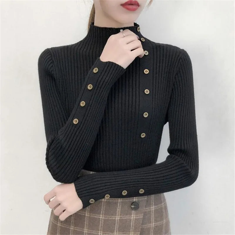 Womens Ribbed Turtleneck Jumper with Button Sleeve Detail and Fitted Silhouette