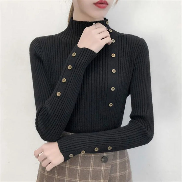 Womens Ribbed Turtleneck Jumper with Button Sleeve Detail and Fitted Silhouette