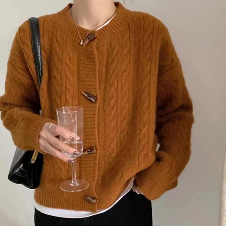 Womens Cable Knit Cardigan with Round Neck and Button Front