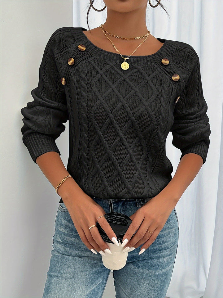 Womens Cable Knit Jumper with Round Neck and Button Detail