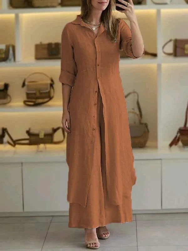 Two Piece Set Button Front Top Maxi Skirt Relaxed Elegant Style