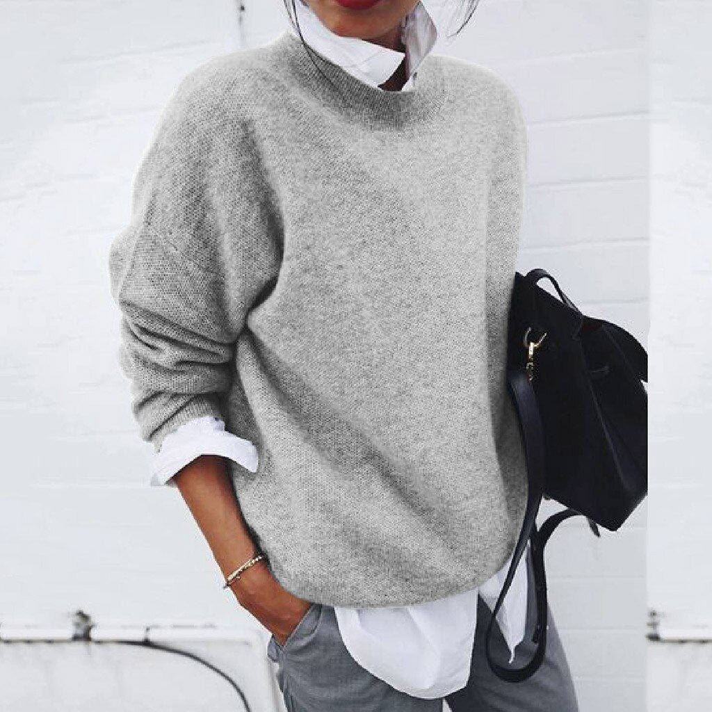 Womens Knitted Crew Neck Jumper with Relaxed Fit and Ribbed Trim