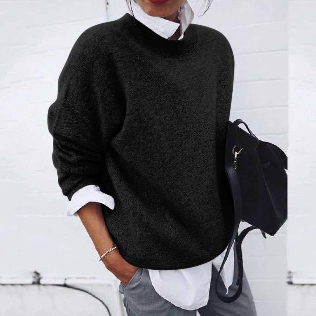 Womens Knitted Crew Neck Jumper with Relaxed Fit and Ribbed Trim