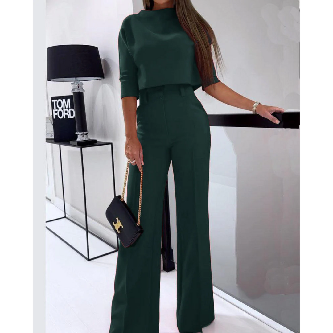 Two Piece Set Short Sleeve Top Wide Leg Trousers Elegant Style