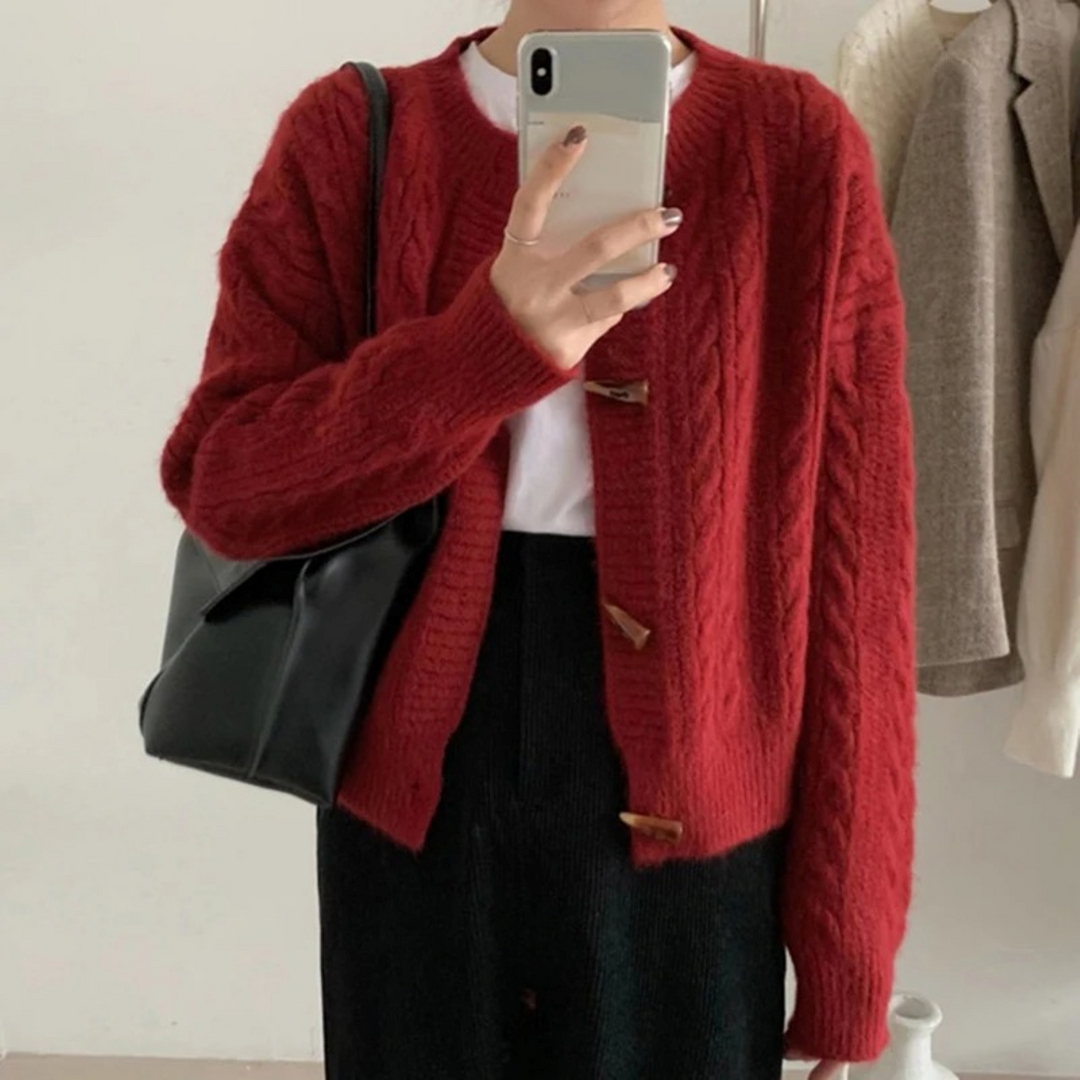 Womens Cable Knit Cardigan with Round Neck and Button Front