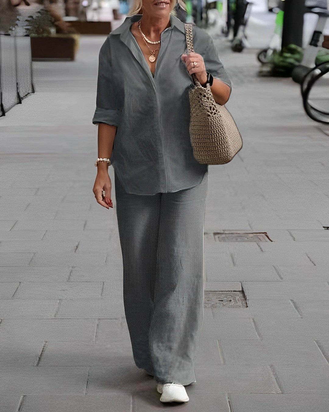 Two Piece Set Button Shirt Wide Leg Trousers Relaxed Elegant Style