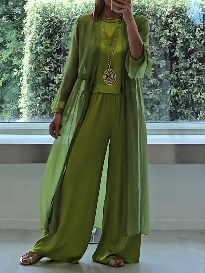Three Piece Set Longline Cardigan Wide Leg Trousers Elegant Comfort Style