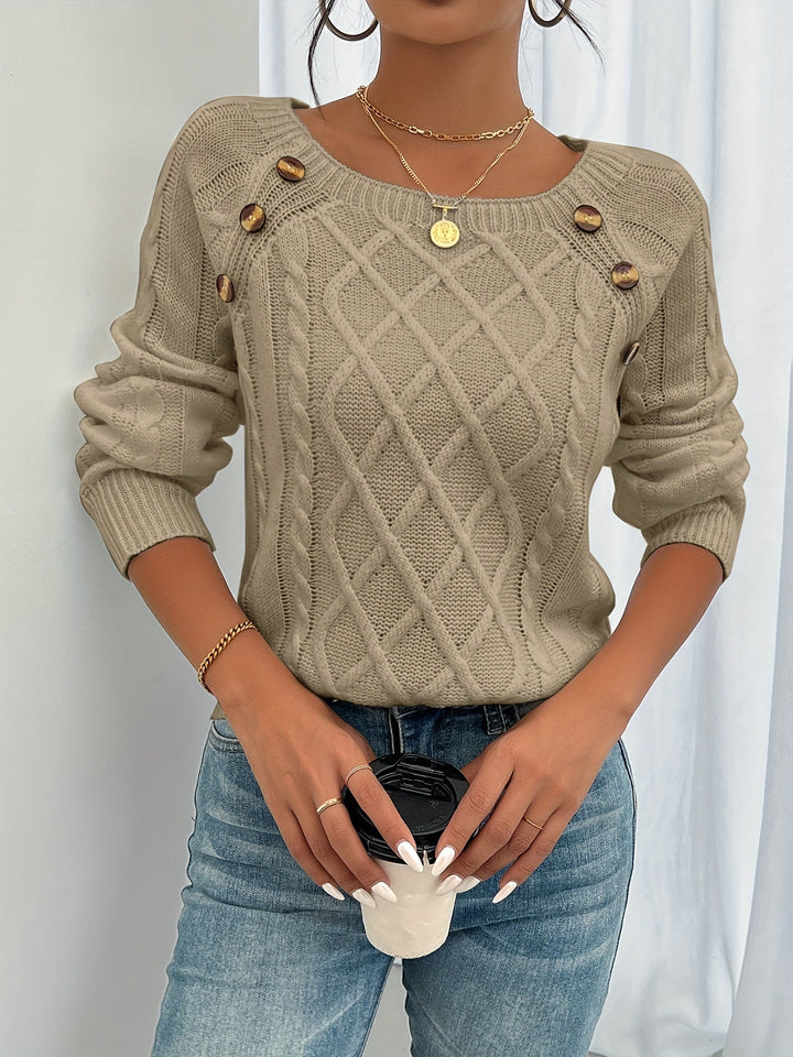 Womens Cable Knit Jumper with Round Neck and Button Detail