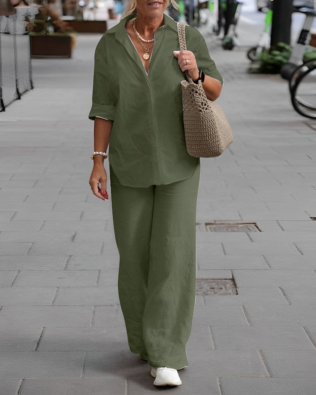 Two Piece Set Button Shirt Wide Leg Trousers Relaxed Elegant Style