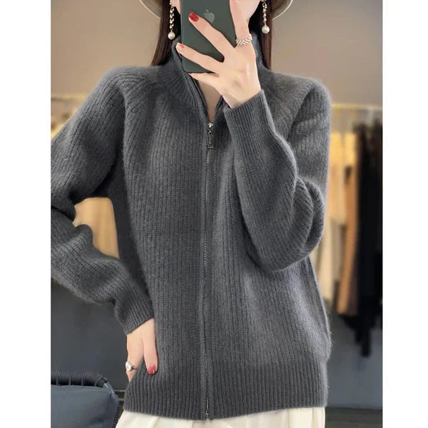 Womens Knitted Quarter Zip Jumper with High Neck and Relaxed Fit