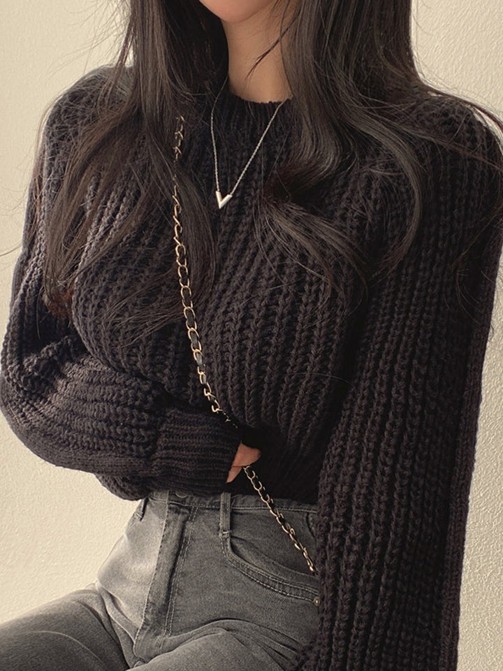 Womens Chunky Knit Jumper with Round Neck and Balloon Sleeves