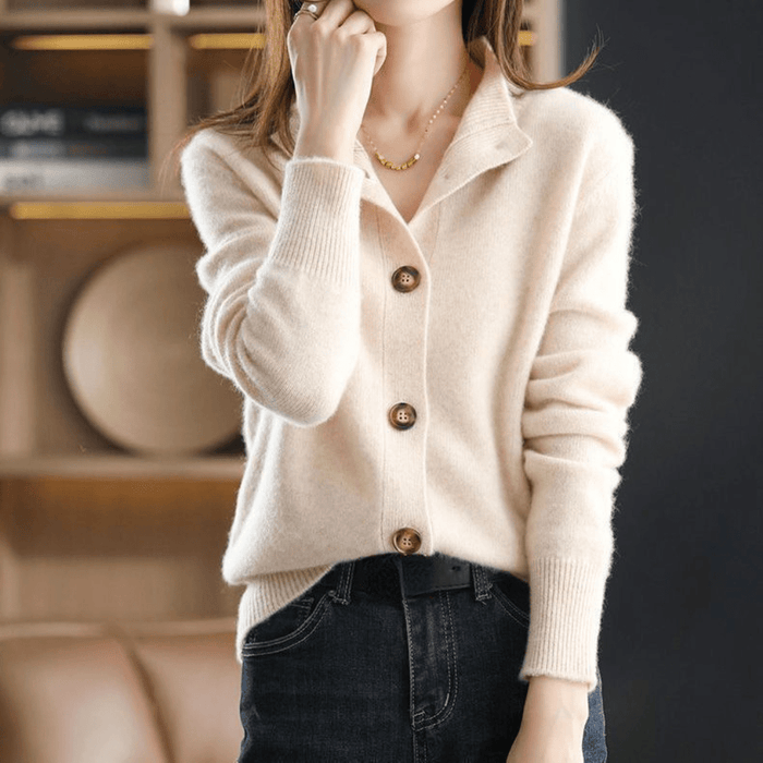 Womens Knitted Cardigan with Collared Neck and Button Front