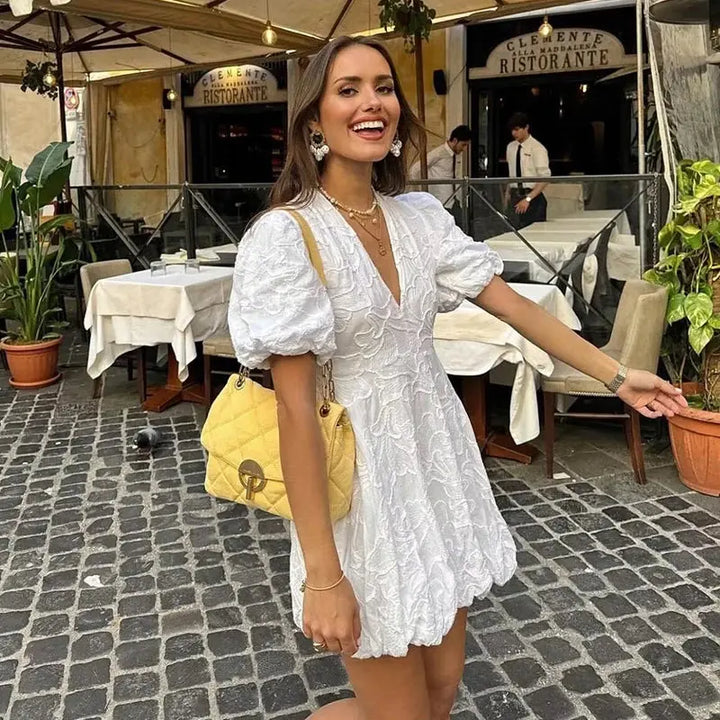 Mini Dress 3D Floral Pattern Puff Sleeves Elegant Style