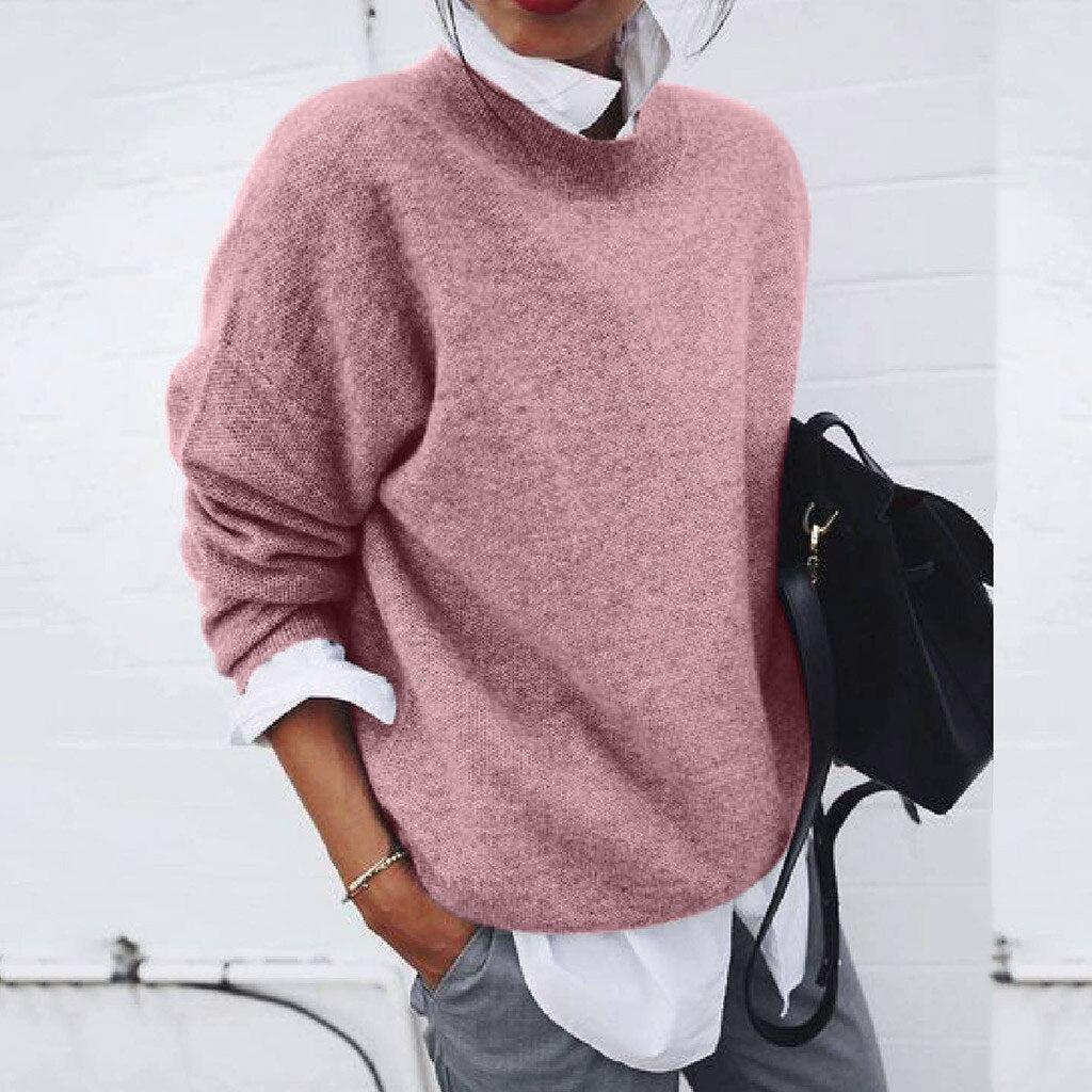 Womens Knitted Crew Neck Jumper with Relaxed Fit and Ribbed Trim