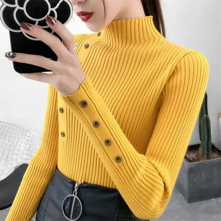 Womens Ribbed Turtleneck Jumper with Button Sleeve Detail and Fitted Silhouette