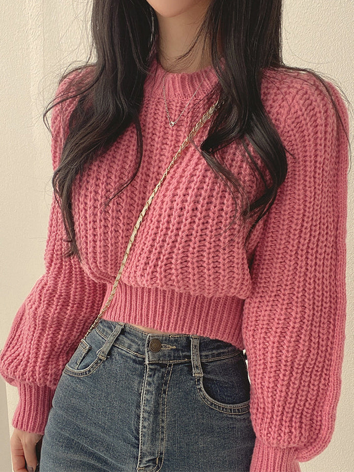 Womens Chunky Knit Jumper with Round Neck and Balloon Sleeves