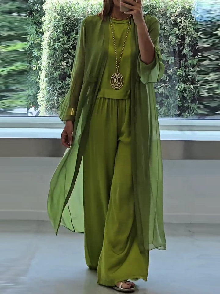 Three Piece Set Longline Cardigan Wide Leg Trousers Elegant Comfort Style
