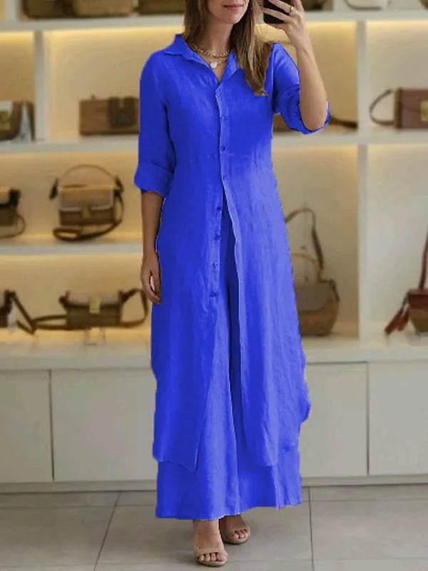 Two Piece Set Button Front Top Maxi Skirt Relaxed Elegant Style