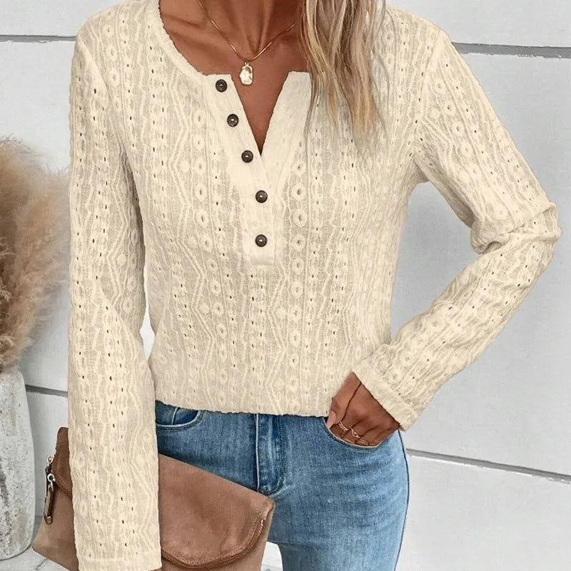 Womens Knitted V Neck Jumper with Button Front and Cable Knit Detail