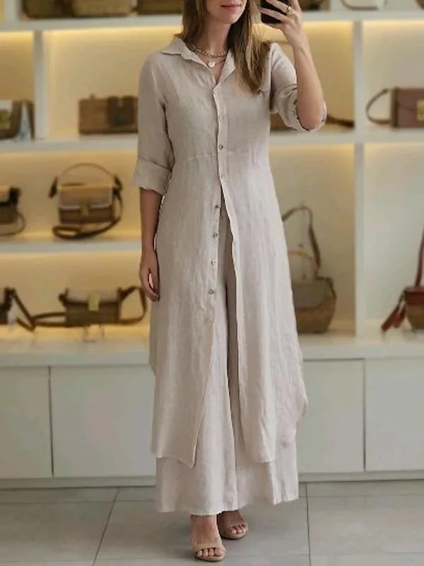 Two Piece Set Button Front Top Maxi Skirt Relaxed Elegant Style