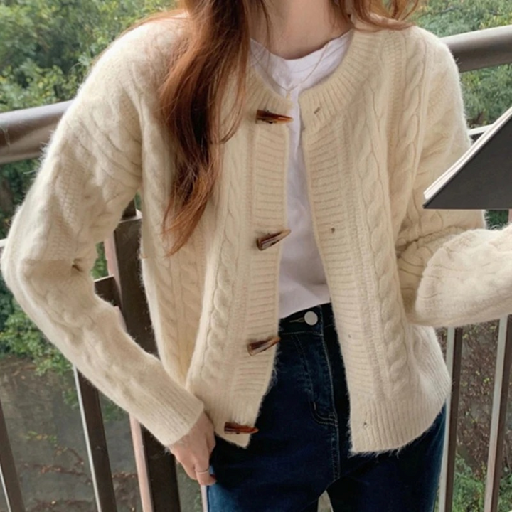 Womens Cable Knit Cardigan with Round Neck and Button Front