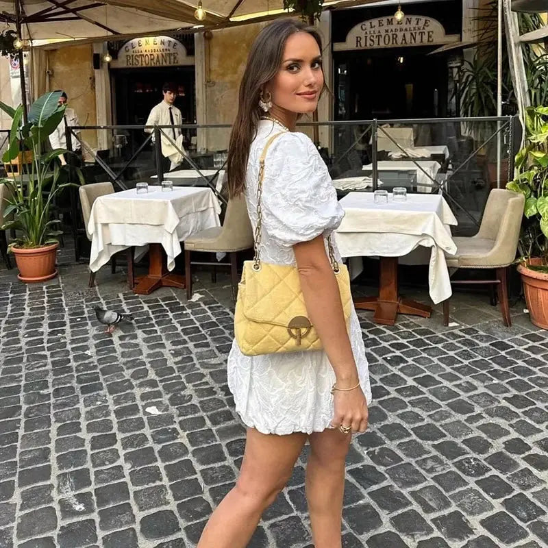 Mini Dress 3D Floral Pattern Puff Sleeves Elegant Style