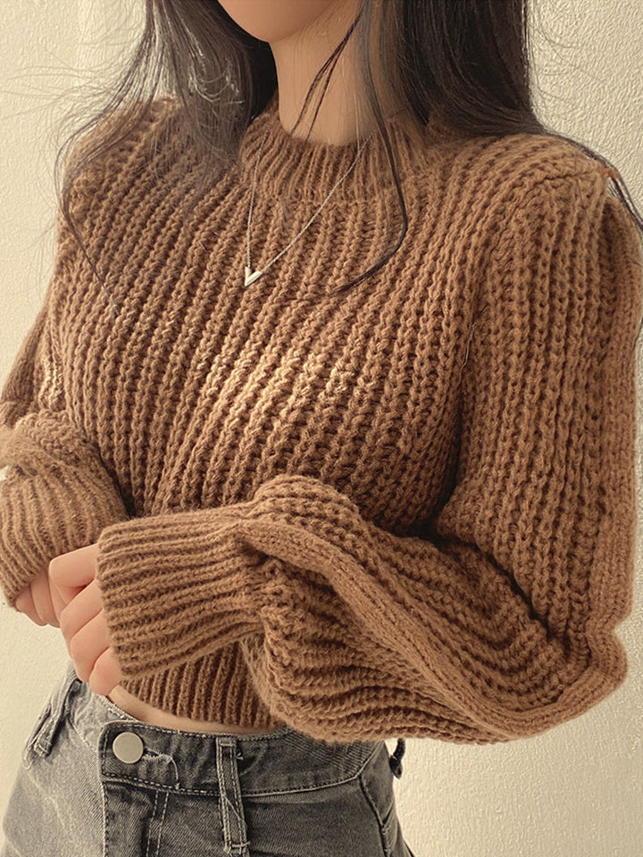 Womens Chunky Knit Jumper with Round Neck and Balloon Sleeves