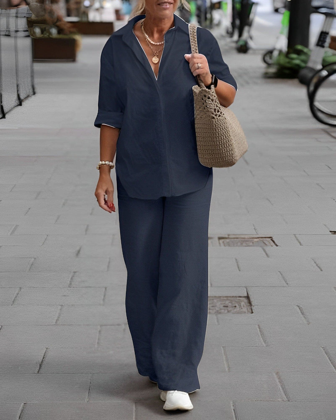 Two Piece Set Button Shirt Wide Leg Trousers Relaxed Elegant Style