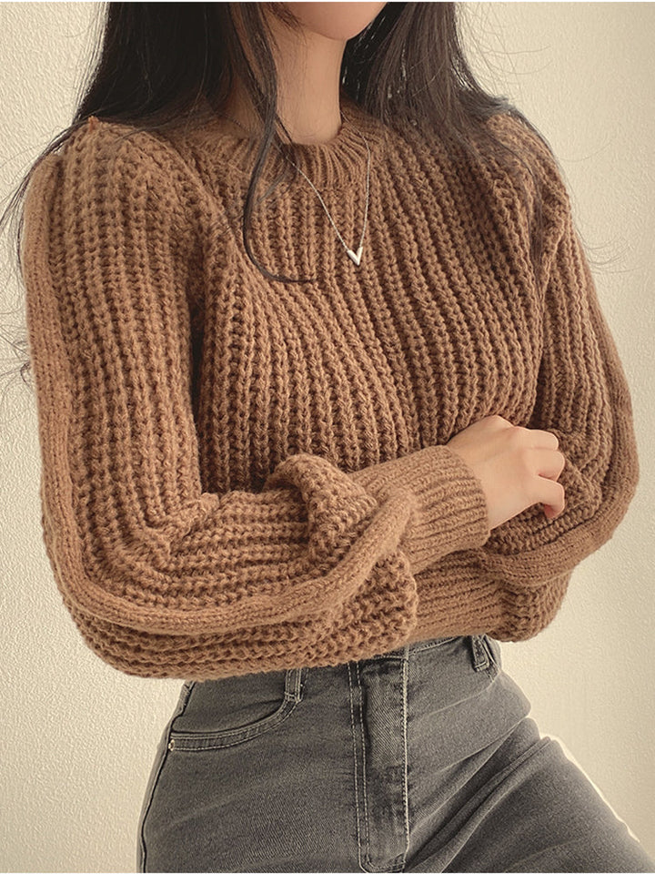 Womens Chunky Knit Jumper with Round Neck and Balloon Sleeves
