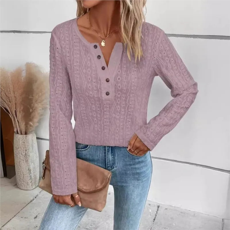 Womens Knitted V Neck Jumper with Button Front and Cable Knit Detail