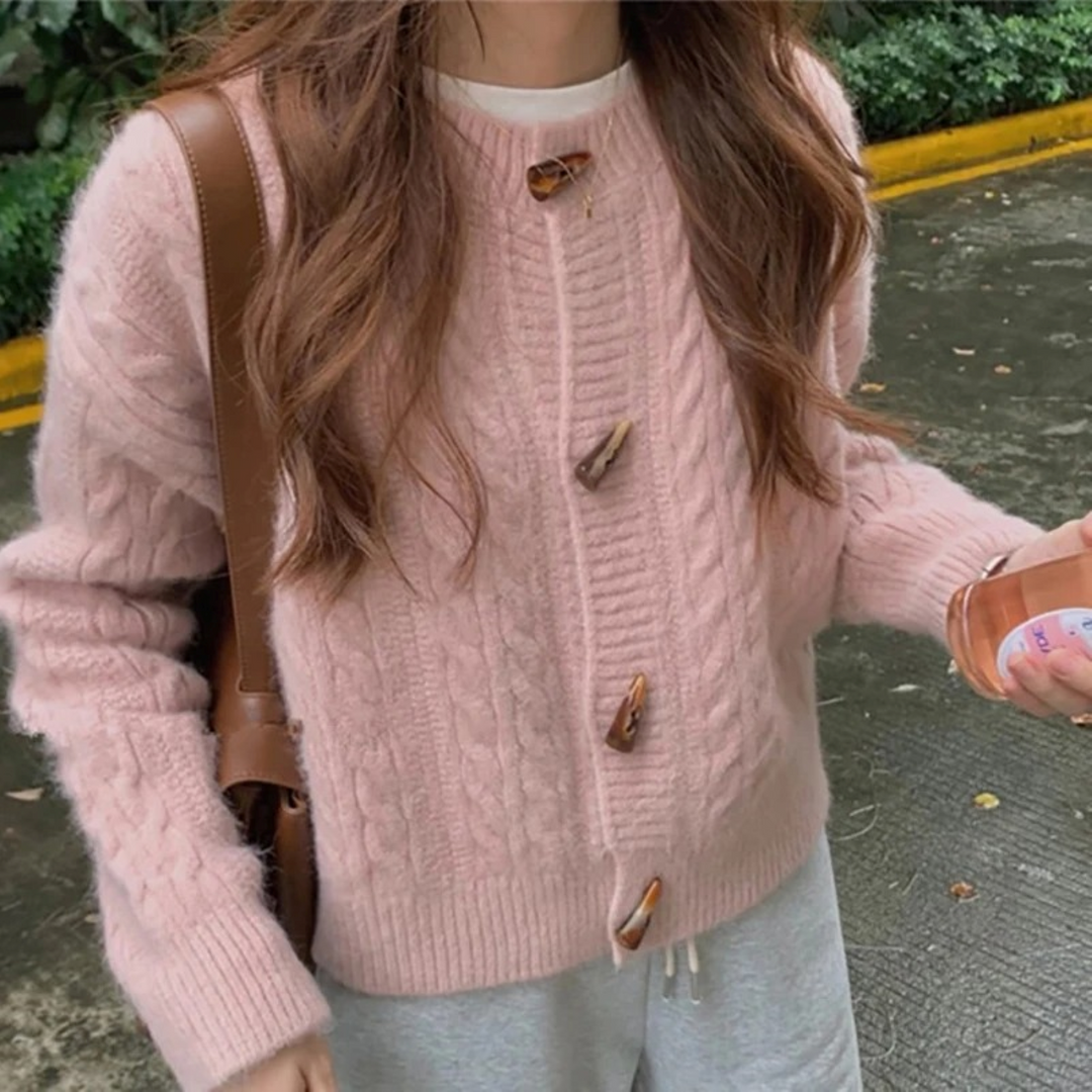 Womens Cable Knit Cardigan with Round Neck and Button Front